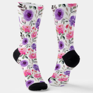 Calcetines Vibrante patrón floral en acuarela en rosa y púrpu