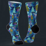 Calcetines Vintage Blue Winter Christmas Tree Forest<br><div class="desc">Árbol de nieve de siempre verde con luces de colores,  preparado para la temporada festiva.</div>