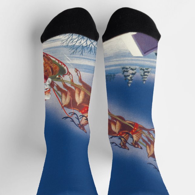 Calcetines Vintage Christmas, Santa Flying Sleigh w Reindeer (Arriba)
