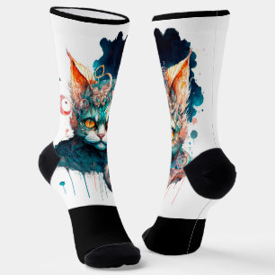 Calcetines Watercolor cat en estilo steampunk
