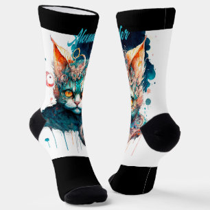 Calcetines Watercolor cat en medias personalizadas steampunk
