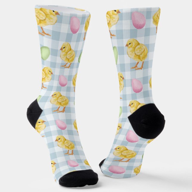 Calcetines Watercolor Chick And Eggs On Blue Gingham Pattern (Angular)