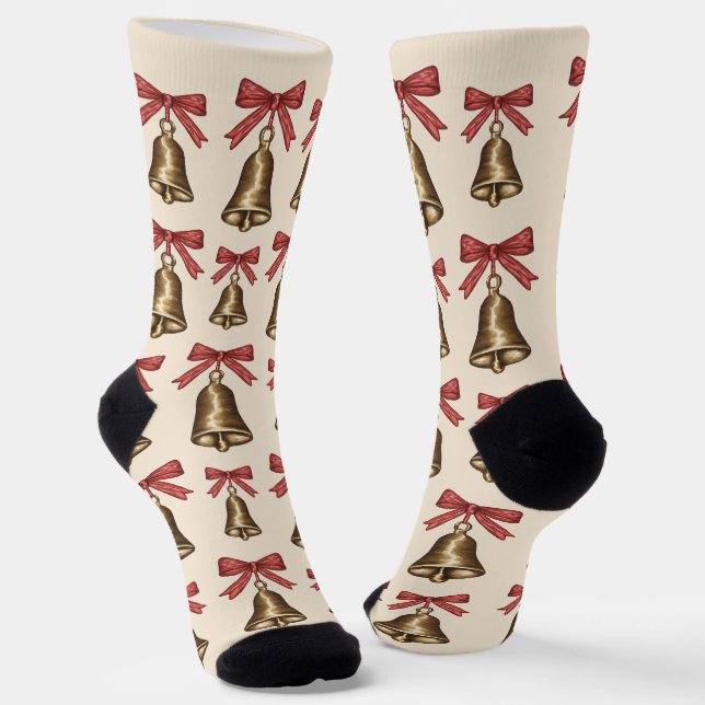 Calcetines Watercolor Christmas Bells With Red Bows Pattern (Angular)