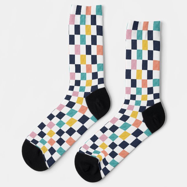 Calcetines Watercolor Teal Coral Checkerboard (Izquierda)
