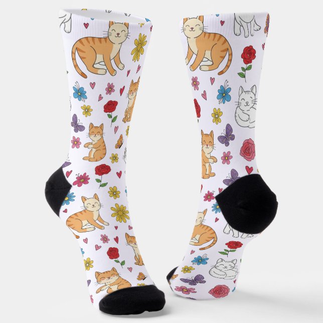 Calcetines Whimsical Cats Hearts and Flowers Colorful  (Angular)