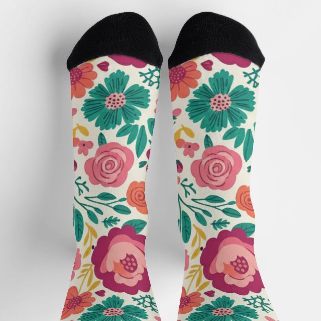 Calcetines Whimsical Folksy Floral Bloom Pattern (Arriba)