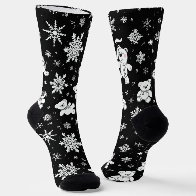 Calcetines White Teddy Bear & Snowflake Seamless Pattern (Angular)