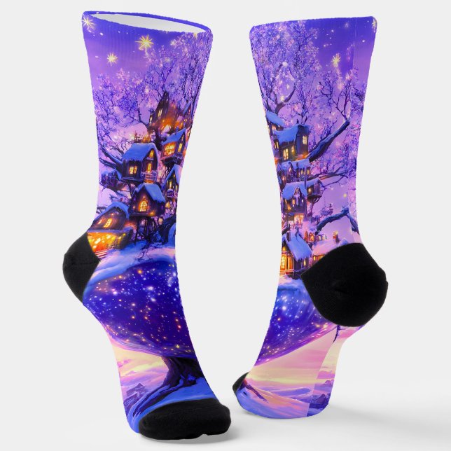 Calcetines Winter Fantasy Snowy Tree Village Landscape (Angular)