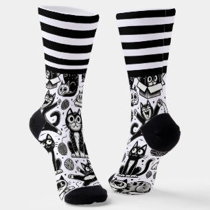 Calcetines zócalos de patrón de gato blanco y negro con banda