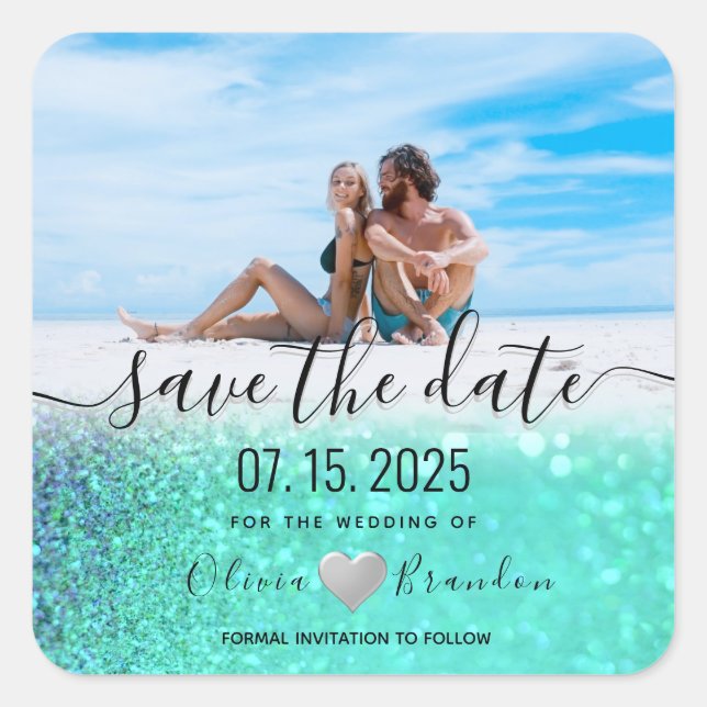 Calcomanía cuadrada de boda con foto de playa para (Anverso)