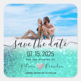 Calcomanía cuadrada de boda con foto de playa para