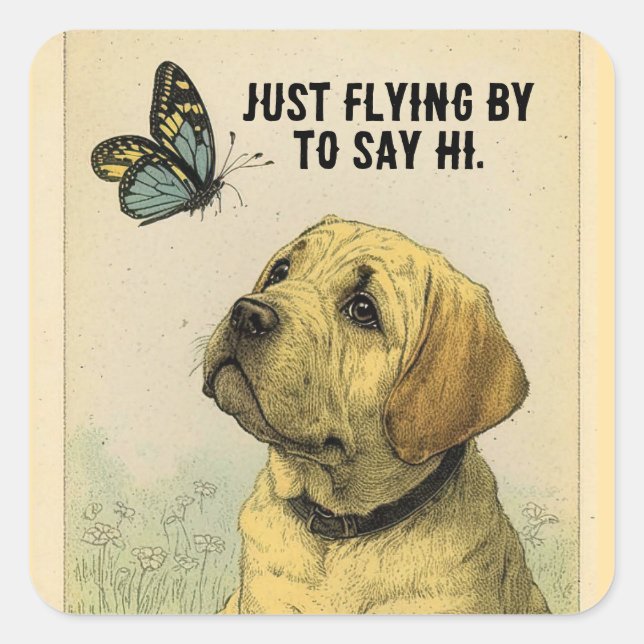 Calcomanía cuadrada de cachorro y mariposa (Anverso)