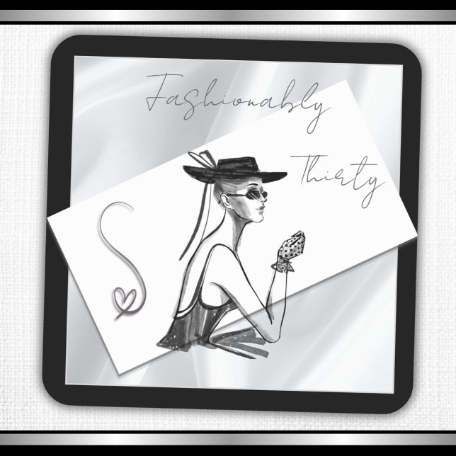 Calcomanía cuadrada de cumpleaños 30 glamurosa noi (Glamorous wide-brim hat fashion illustration square stickers for favor bags and invites.)