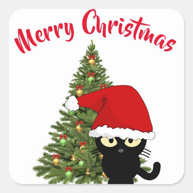 Calcomanía cuadrada de gato negro de Navidad (Anverso)