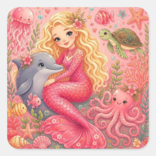 Calcomanía cuadrada de sirena y amigos del mar