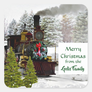Calcomanía cuadrada de tren de Navidad vintage