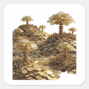 Calcomanía cuadrada del bosque de moneda dorada de