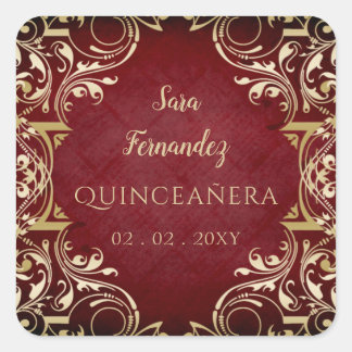 Calcomanía cuadrada elegante de Quinceañera roja r