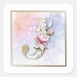 Calcomanía cuadrada floral de Burdeos con monogram