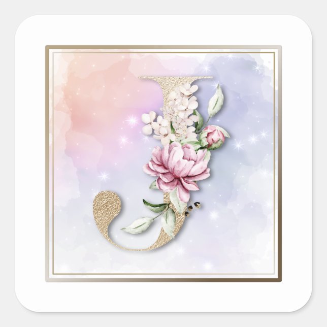 Calcomanía cuadrada floral de Burdeos con monogram (Anverso)