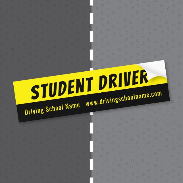Calcomanía de advertencia de escuela de manejo con (Driving school instructor yellow and black warning bumper sticker with website address .)