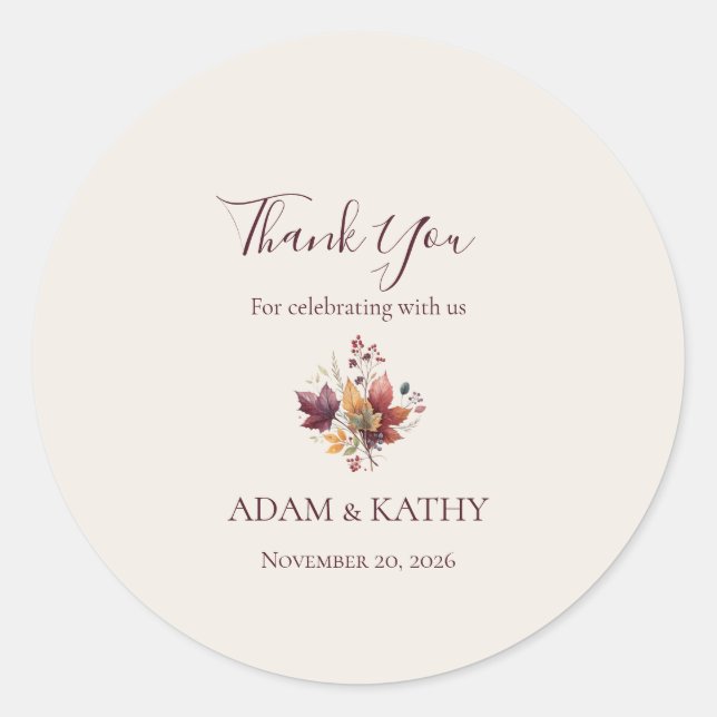 Calcomanía de agradecimiento de boda de otoño con  (Anverso)