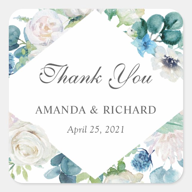 Calcomanía de agradecimiento de boda floral azul b (Anverso)