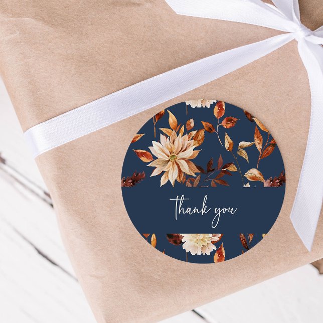 Calcomanía de agradecimiento de otoño negro (Navy Blue Fall Watercolor Floral Thank You Sticker by Painted Paperie
)