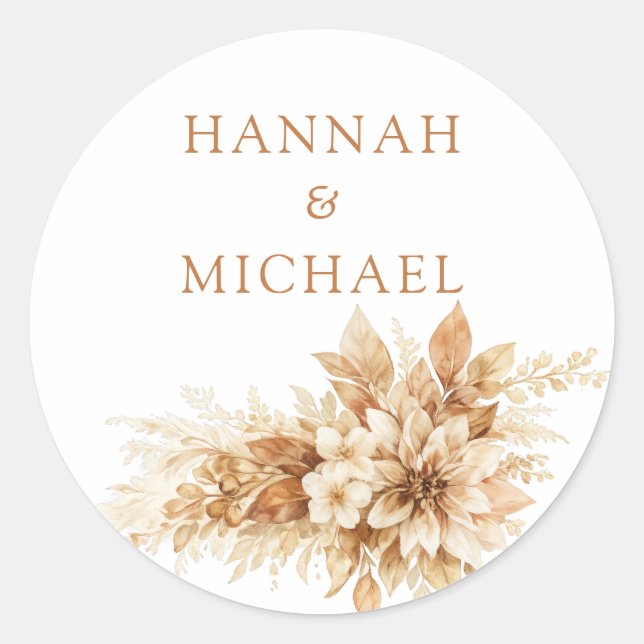Calcomanía de Boda Rústica Floral Otoño Beige Edit (Anverso)