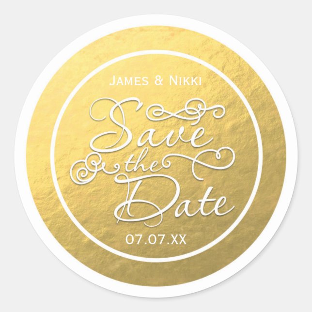Calcomanía de boda SAVE THE DATE con lámina dorada (Anverso)