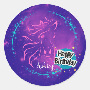 Calcomanía de caballo galaxia Cumpleaños feliz púr