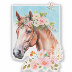 Calcomanía de caballo y flores en acuarela