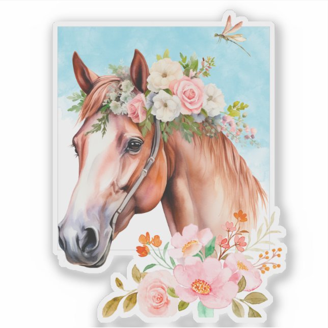 Calcomanía de caballo y flores en acuarela (Anverso)