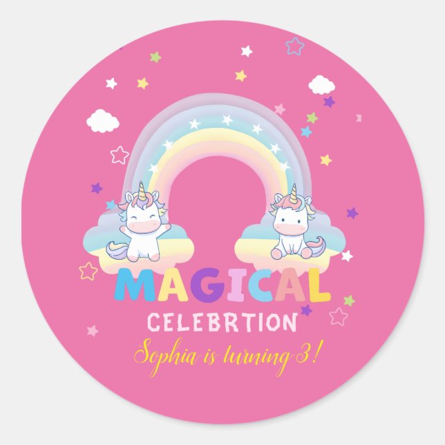 Calcomanía de celebración de unicornio rosa (Anverso)