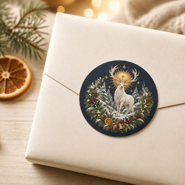 Calcomanía de Ciervo Blanco de Yule a la Luz de la (Moonlit Yule White Stag Winter Solstice Sticker)