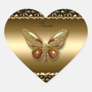 Calcomanía de corazón dorado sobre mariposa dorada