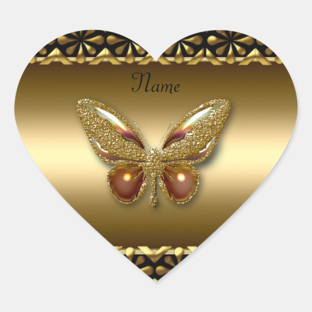 Calcomanía de corazón dorado sobre mariposa dorada (Anverso)