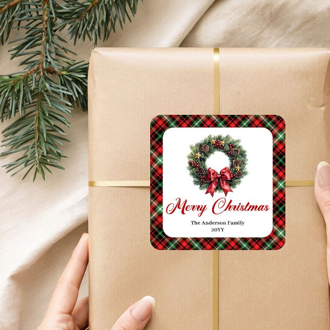 Calcomanía de corona navideña a cuadros rojos y ve (Rustic Red Green Plaid Christmas Wreath Sticker Set)