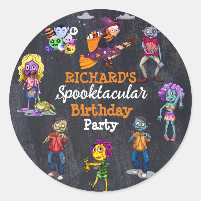 Calcomanía de cumpleaños de disfraz espeluznante p (Anverso)