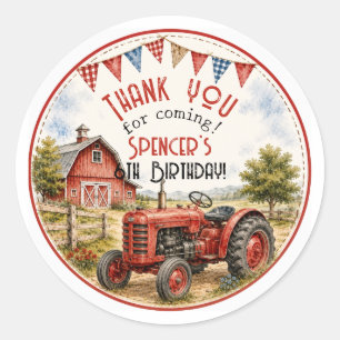 Calcomanía de cumpleaños de tractor rojo acuarela