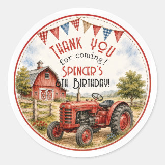Calcomanía de cumpleaños de tractor rojo acuarela 