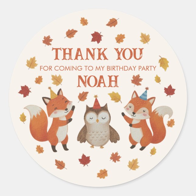 Calcomanía de cumpleaños infantil de zorros y búho (Anverso)