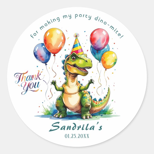 Calcomanía de dinosaurio de cumpleaños con acuarel (Anverso)