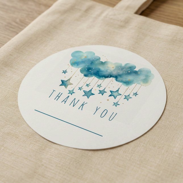 Calcomanía de estrellas azules gracias con espacio (Blue stars thank you sticker with name space)