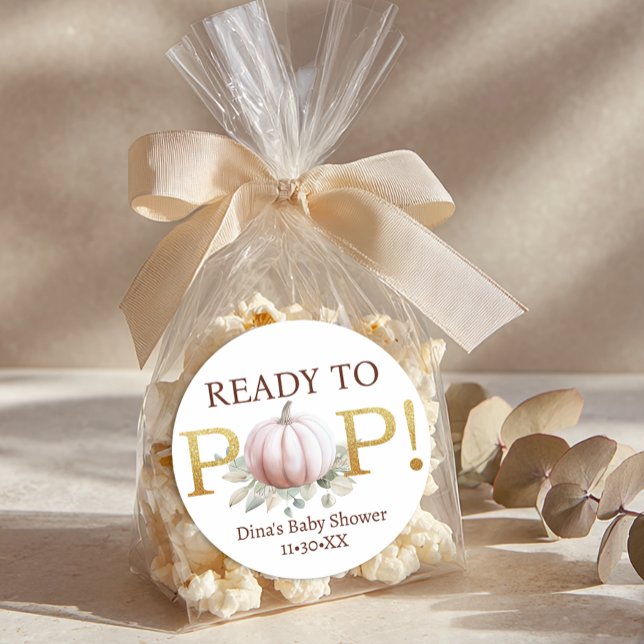 Calcomanía de fiesta de bebé Blush Pumpkin Ready t (Baby Shower Ready to Pop Sticker)