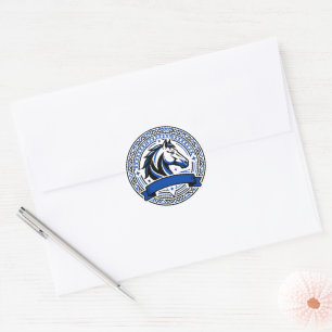 Calcomanía de insignia de caballo azul con marco o