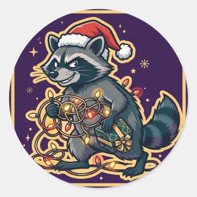 Calcomanía de mapache robando luces de Navidad (Anverso)