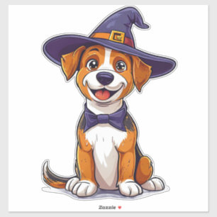 Calcomanía de mascota de perro mago sombrero púrpu