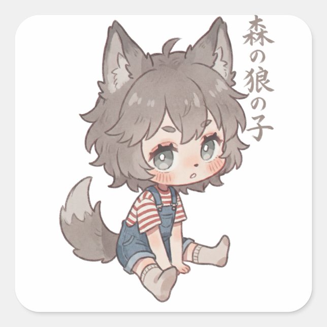 Calcomanía de niño lobo del bosque Chibi (Anverso)