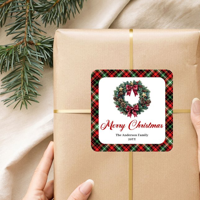 Calcomanía de patrón rojo y verde de corona de Nav (Classic Christmas Wreath Red Green Pattern Stickers)